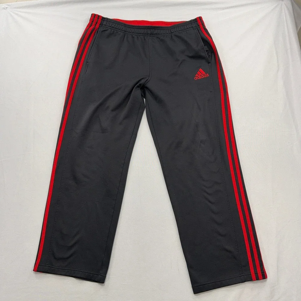 Adidas Track Pants 3-Stripe Athletic Fleece Lined Black Red Mens XL